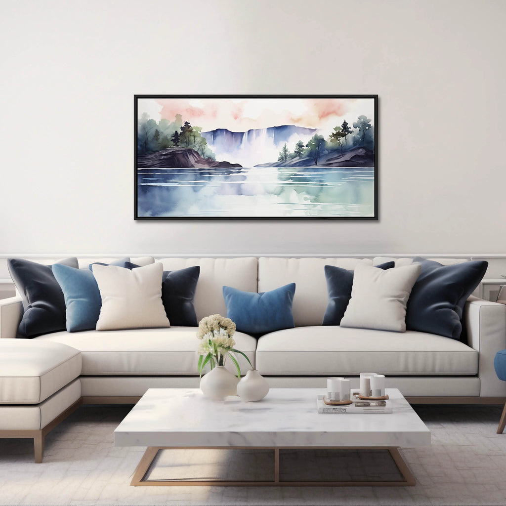 A Watercolor Waterfall Painting Printed on Canvas.