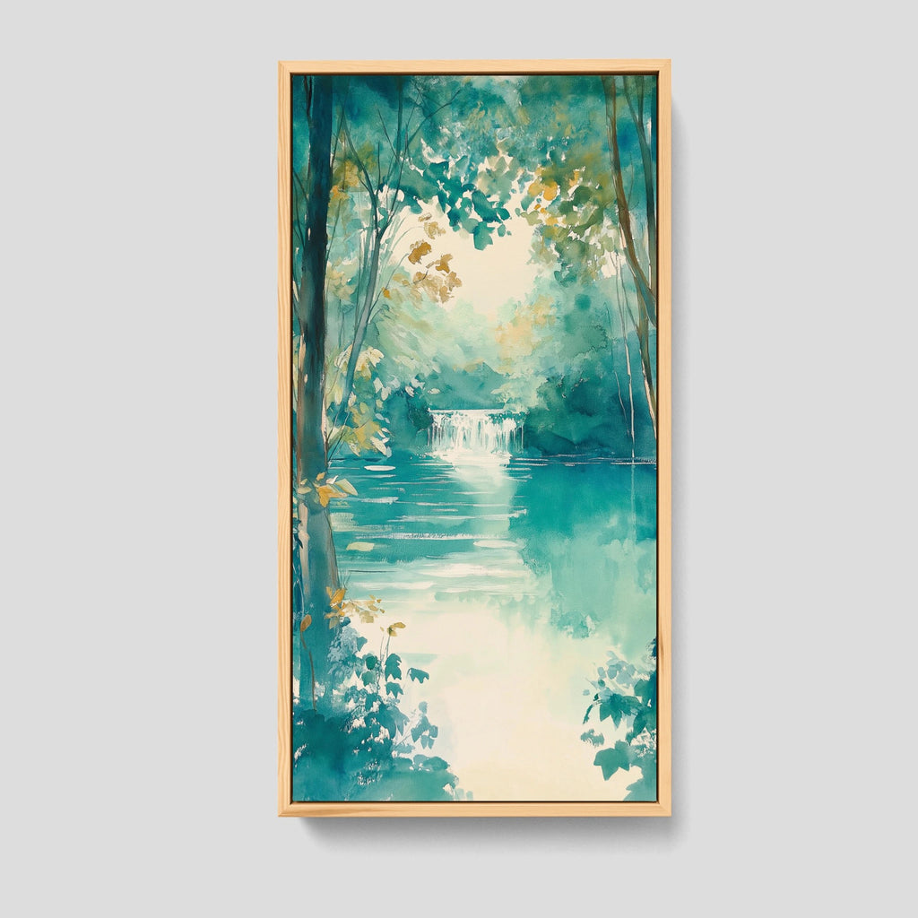 A vertical landscape canvas art capturing the flow of water through a lush, natural setting.