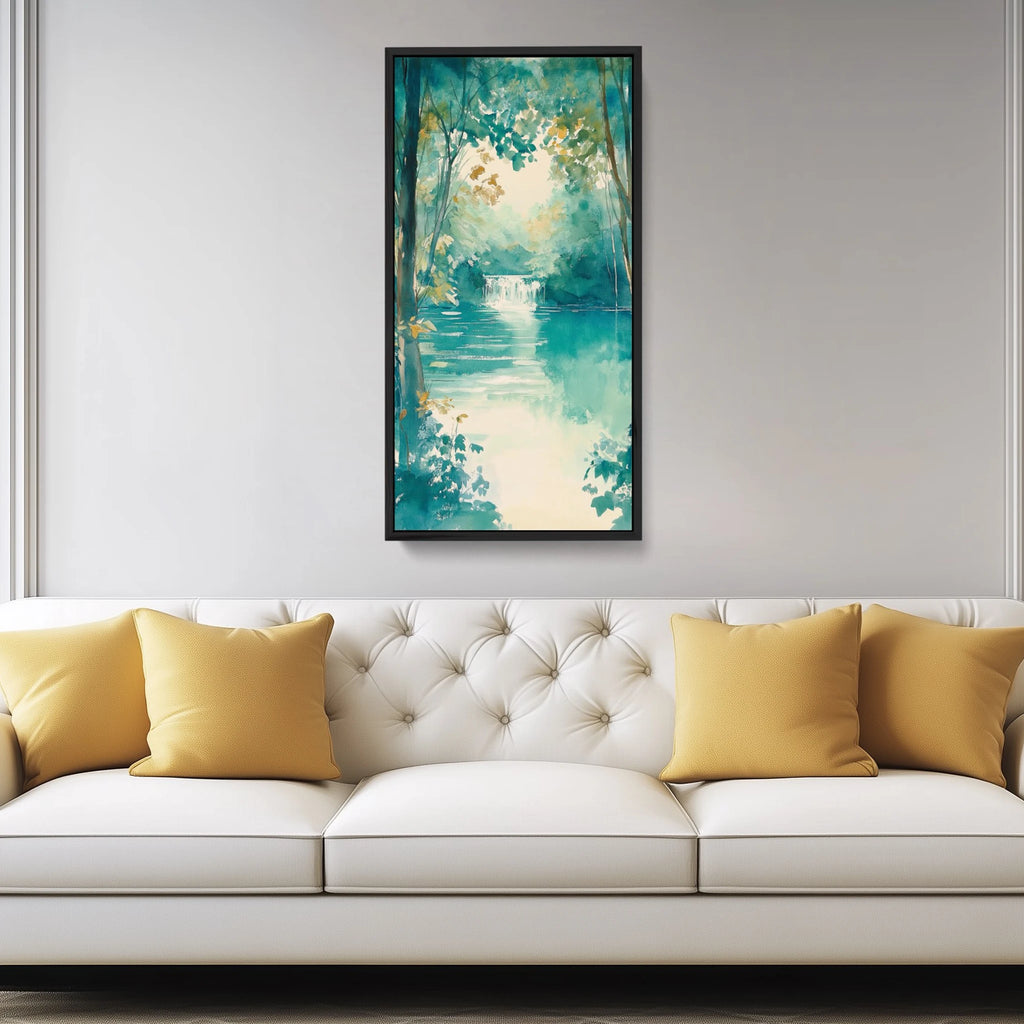 A Watercolor Nature Wall Art Featuring A Waterfall and Trees.