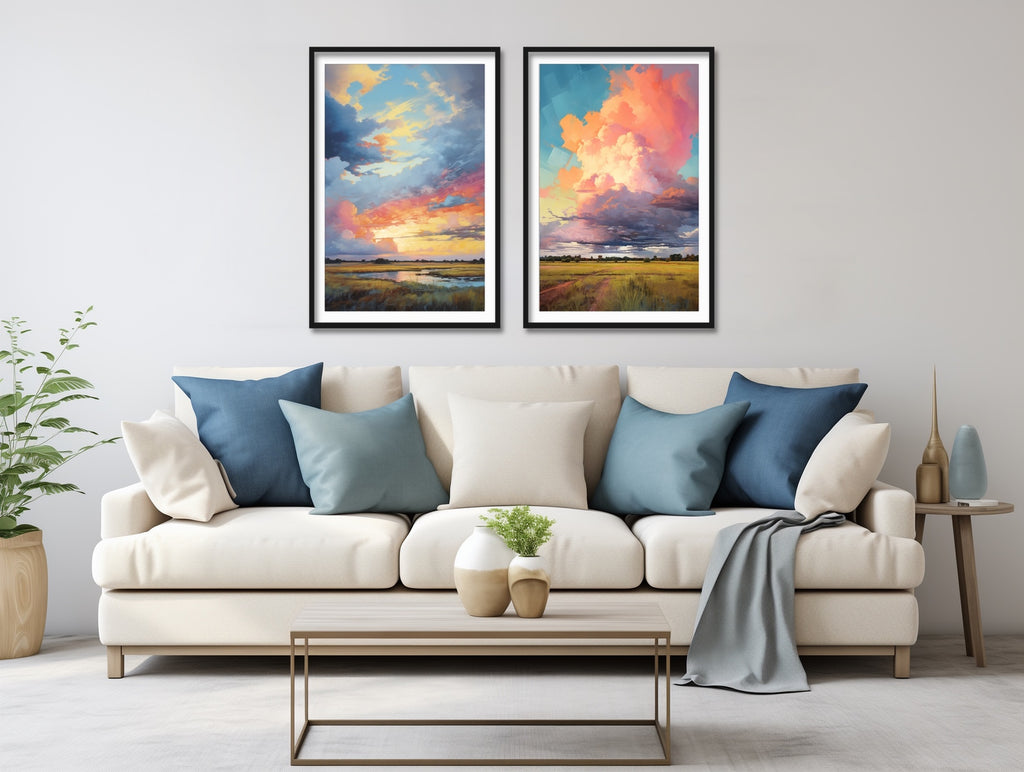 A two piece western landscape artwork set in vibrant hues. 