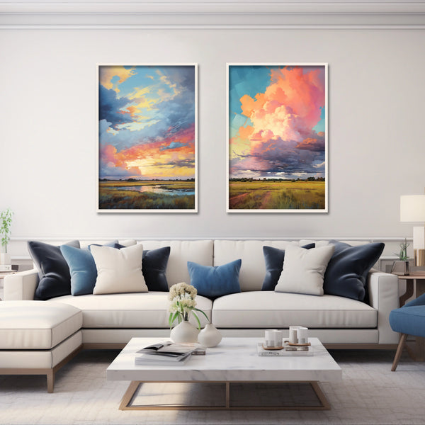 A two piece western landscape artwork set in vibrant hues. 