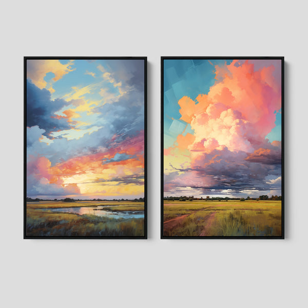 Set of 2 Framed Prairie Nature Art Prints in Warm Colors.