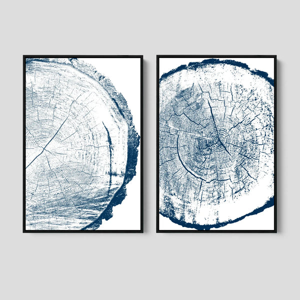 Modern Tree Ring Art Print Set in White and Blue.