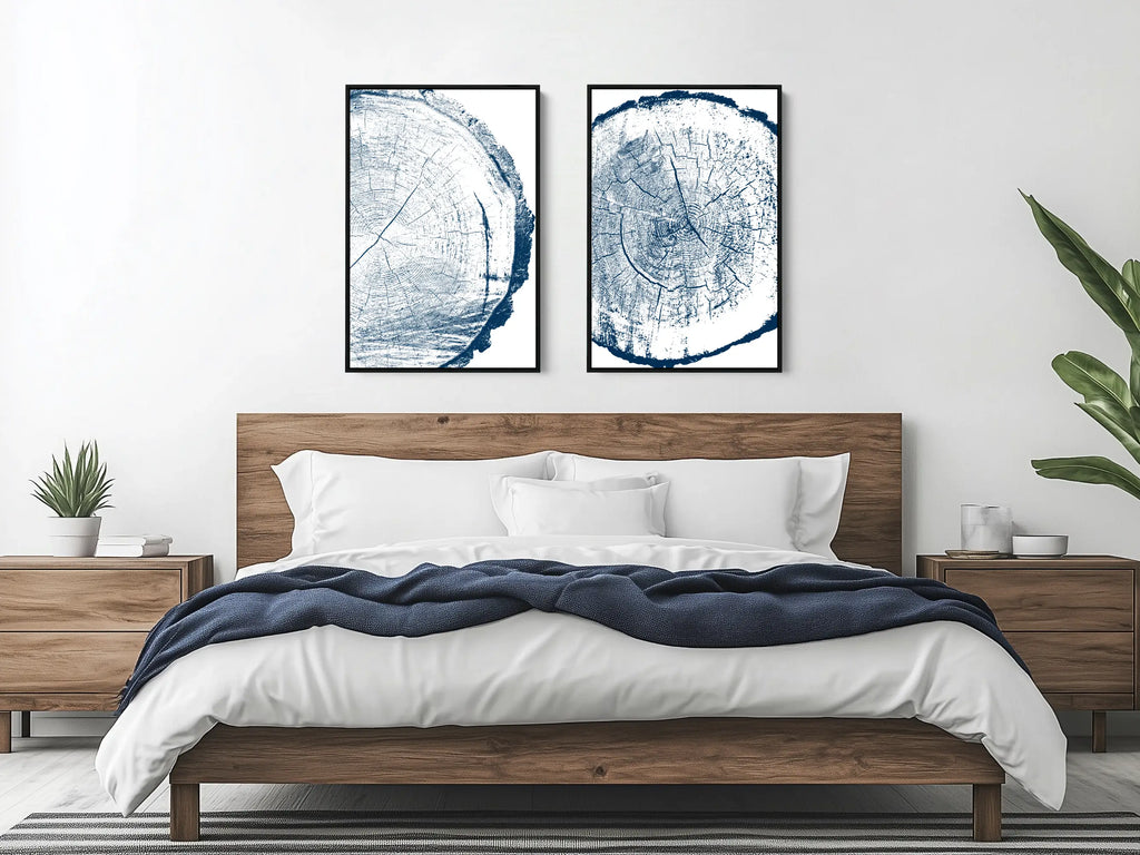 2 piece minimalist tree ring canvas wall decor in blue and white.