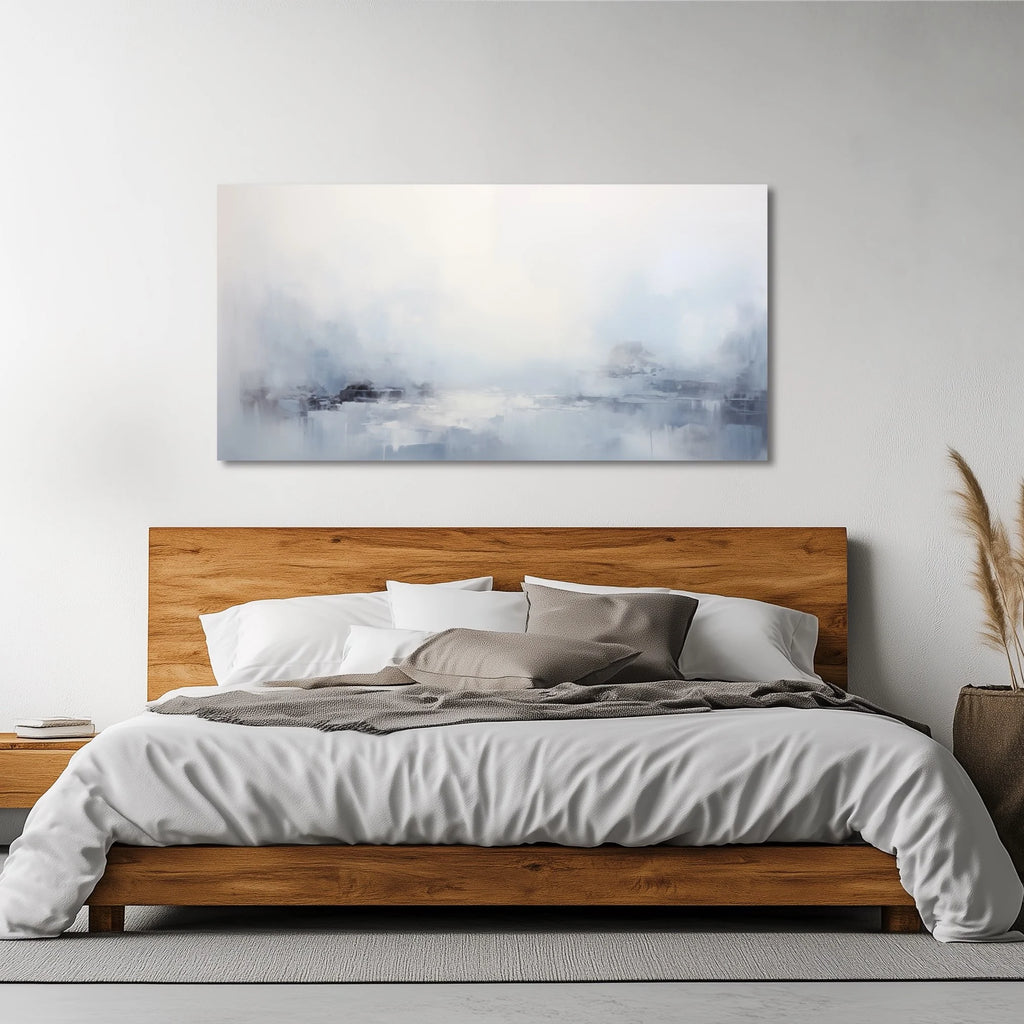 A minimalist horizontal abstract bedroom wall decor in soft hues.