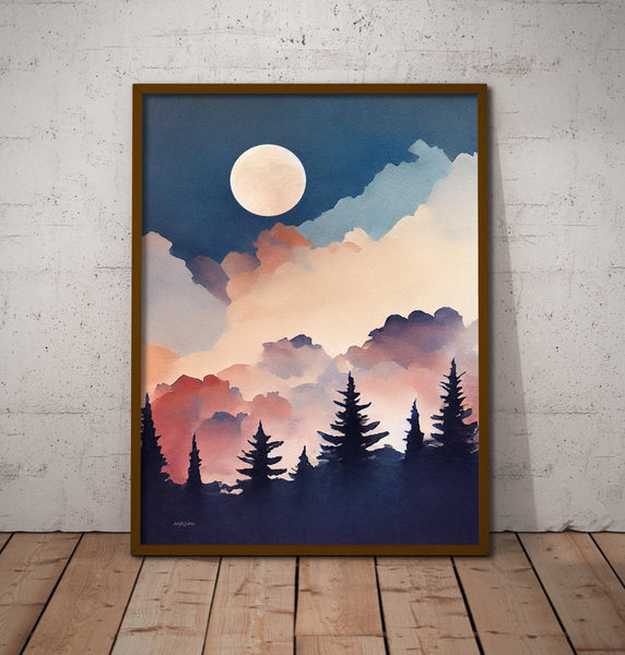 Modern Moon Canvas Art Print in Neutral Colors.
