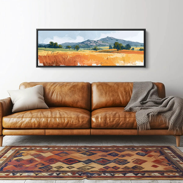 A large framed Wichita Mountains landscape artwork on gallery stretched canvas.