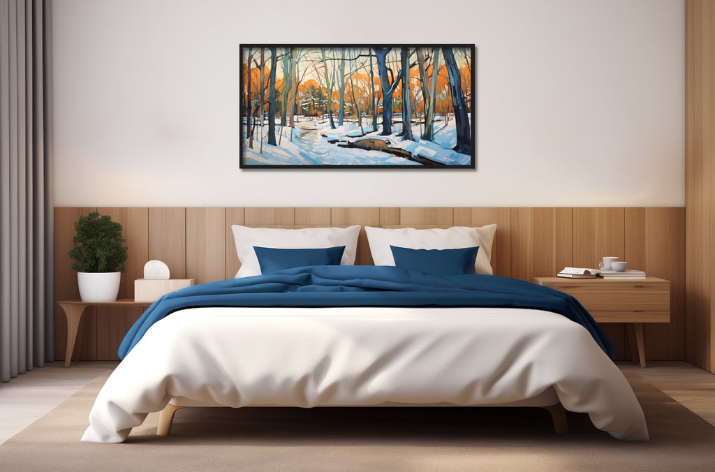 A large landscape wall decor featuring a winter forest scene.
