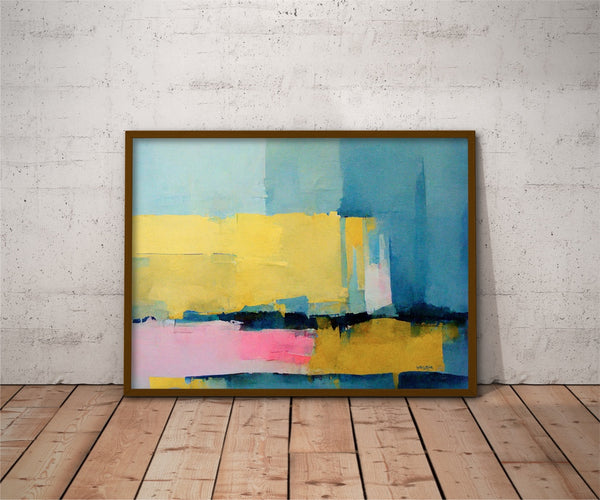 Colorful Abstract Acrylic Art Print in Blue, Yellow and Pink.