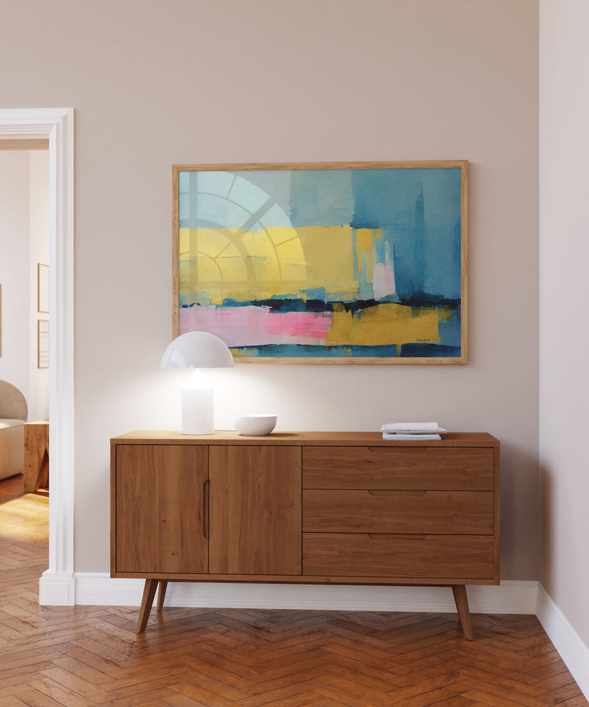 A horizontal contemporary abstract painting on canvas.