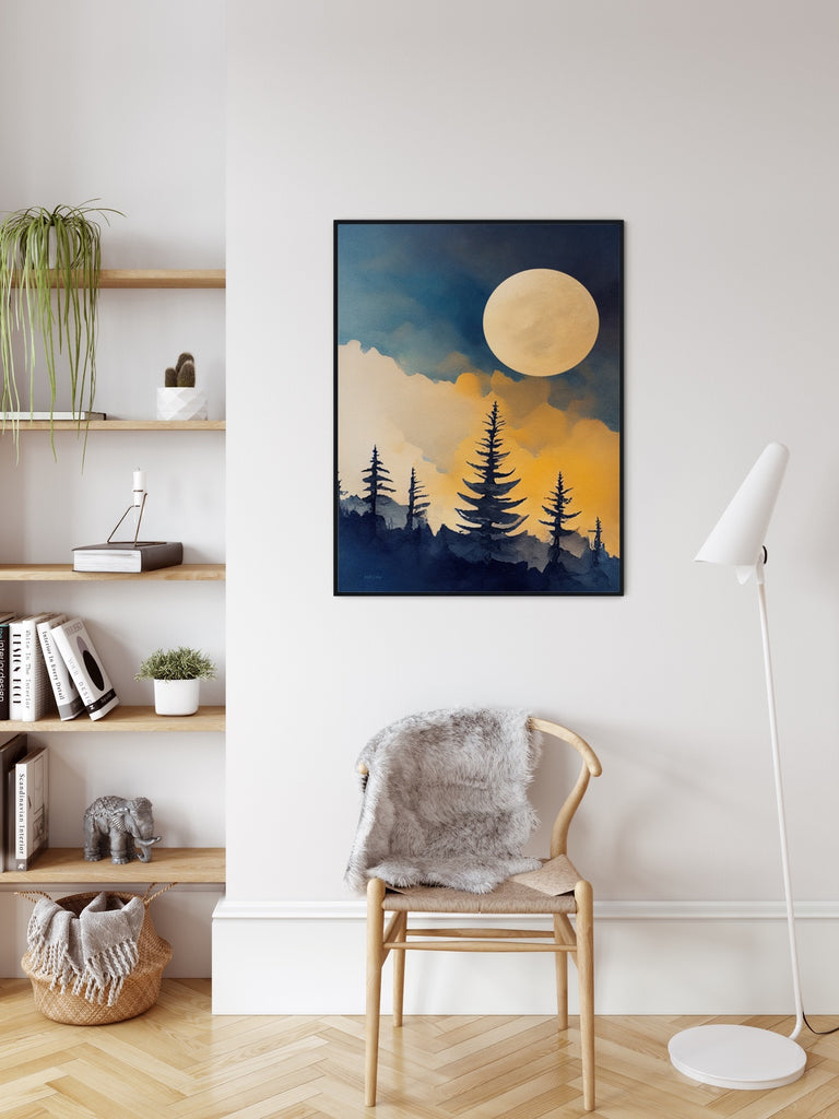 A yellow moon rises above a Pacific Northwest forest.