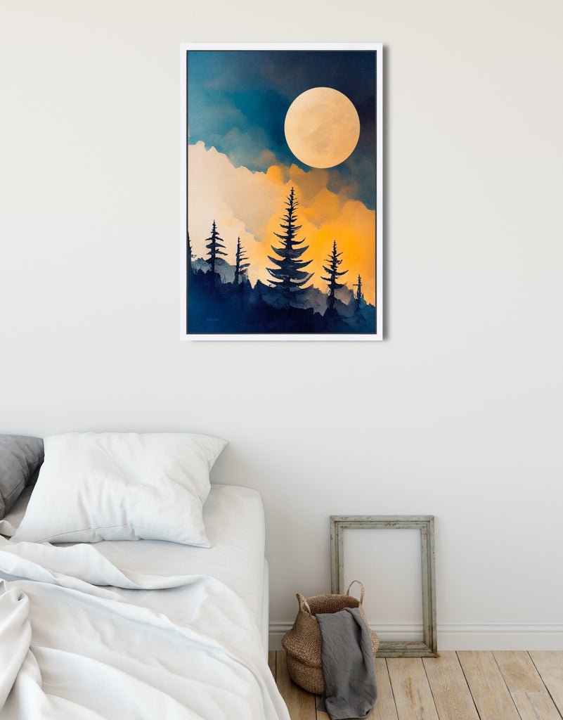 A colorful watercolor nature art print featuring moon lit forest.