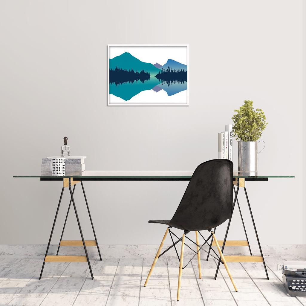 Mountains reflecting in a peaceful lake in this canvas artwork.