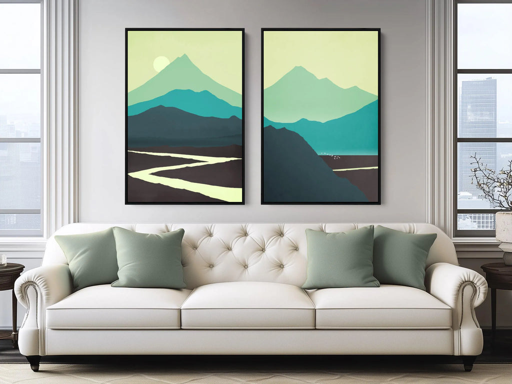 A framed vertical landscape canvas art in green. 