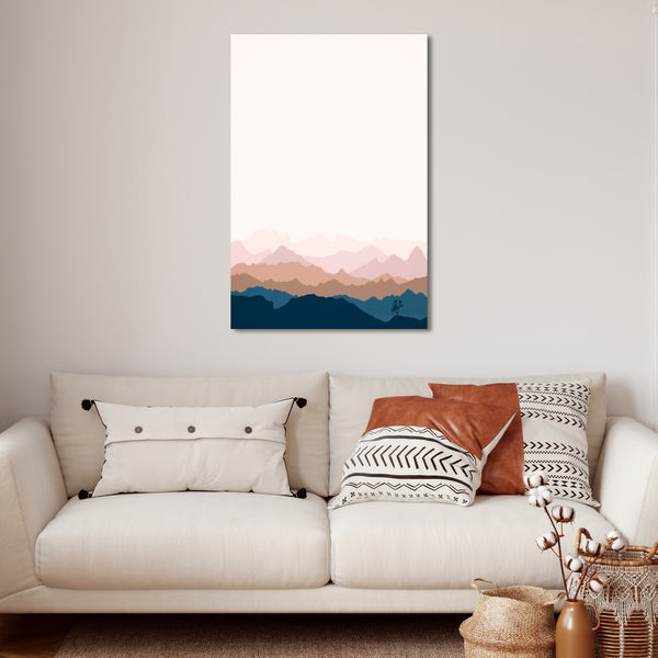 Joshua Tree Park canvas wall art print in delicate blushes and navy blue.