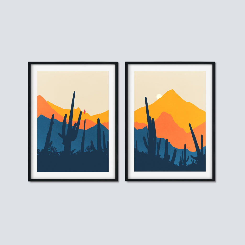 2 Piece Mid Century Desert Print Set in Blue and Orange.