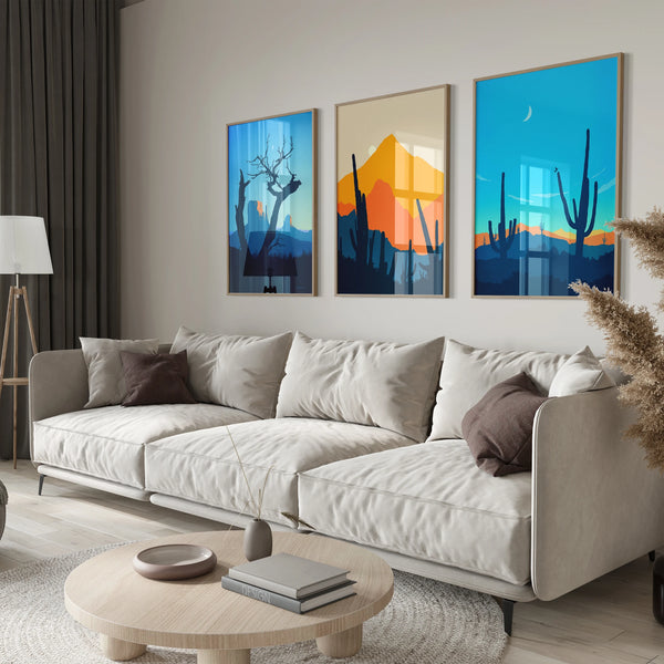 A 3 piece minimalist Southwest cactus art prints in blue and orange.
