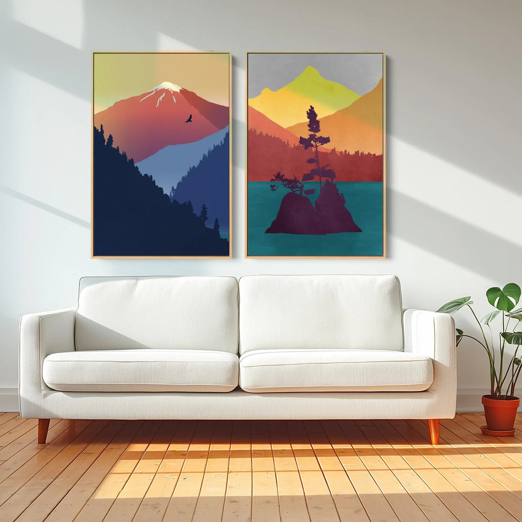 A set of two our minimalist mountain art prints on fine art paper or canvas, framed or unframed.