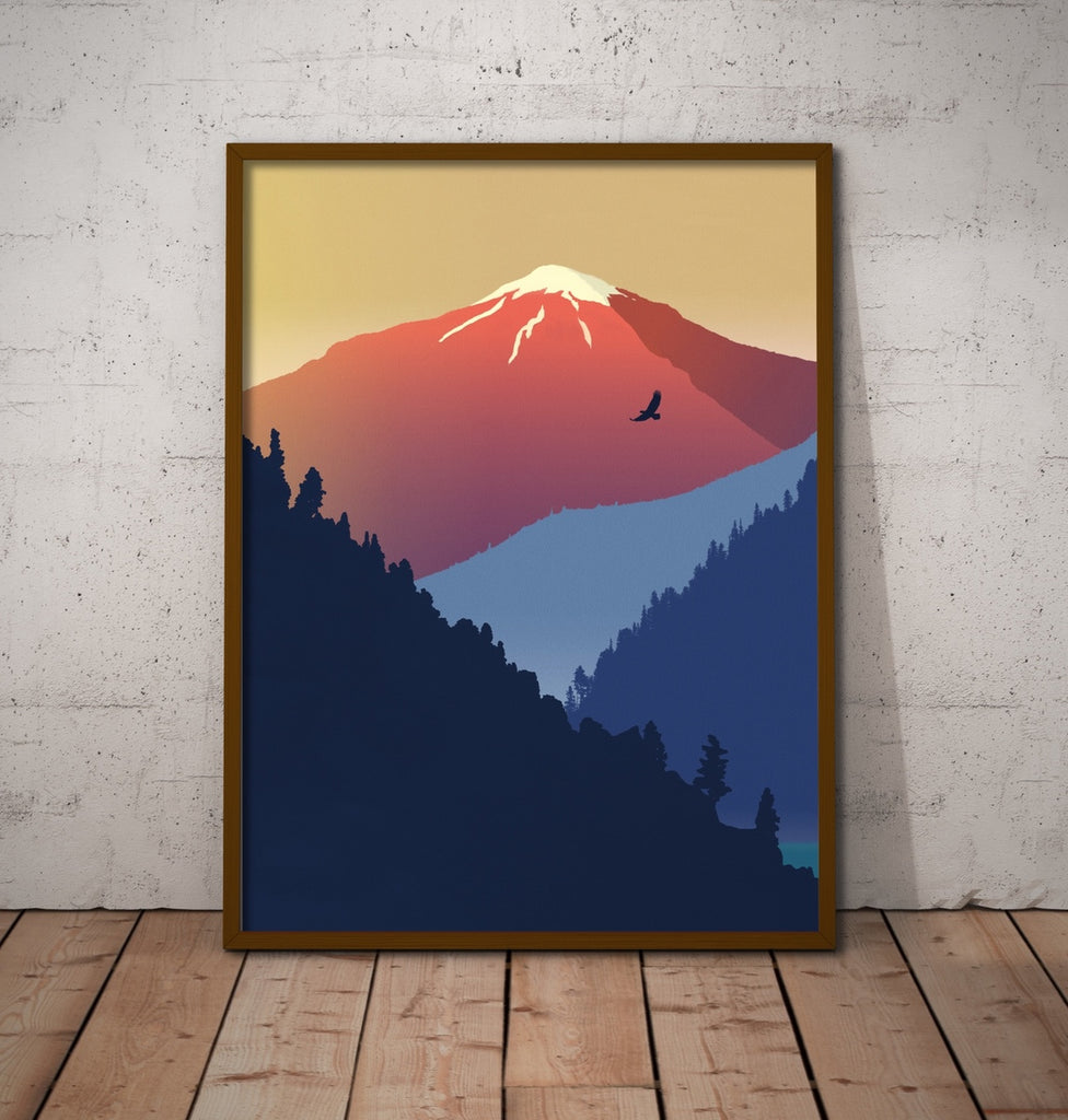 A mid century modern inspired art print featuring Rising Wolf Mountain, Glacier National Park.