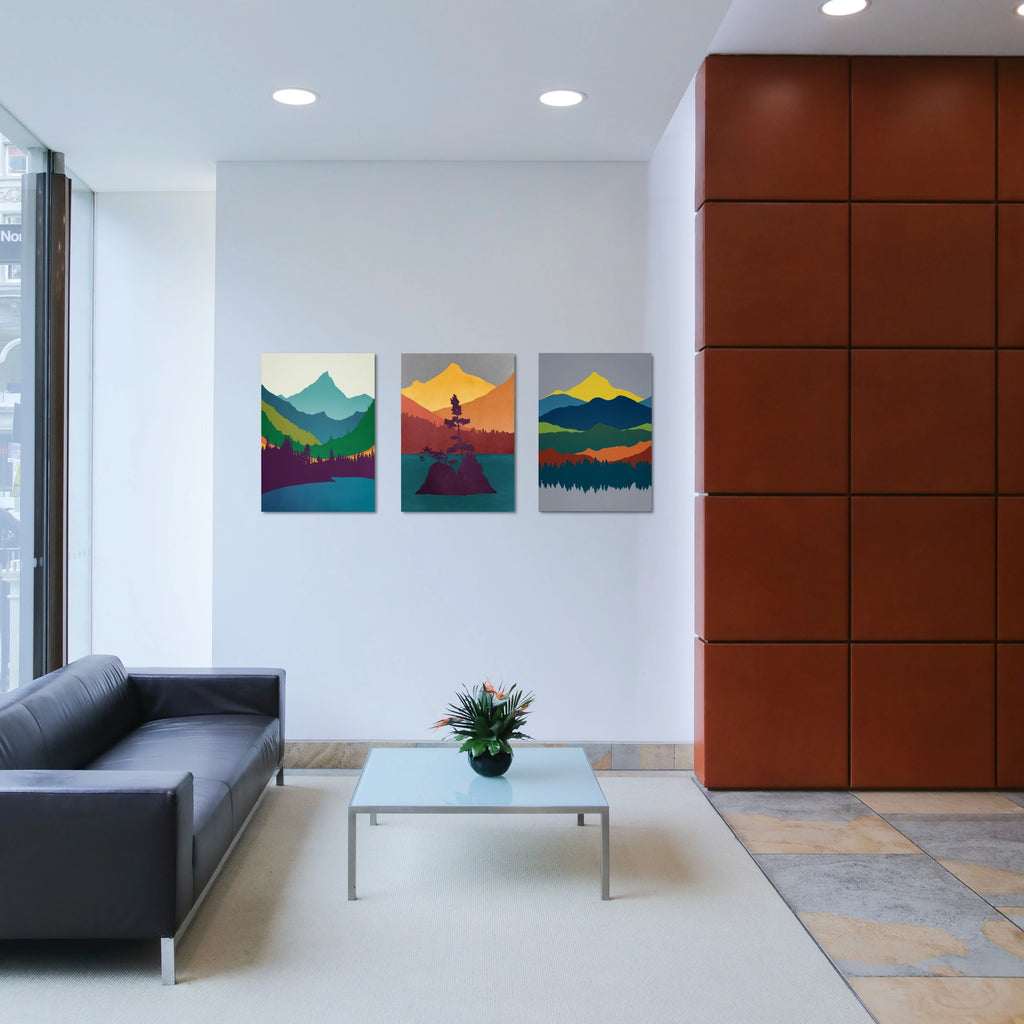 A set of three of minimalist mid century inspired abstract landscape prints on fine art paper or canvas, framed or unframed.