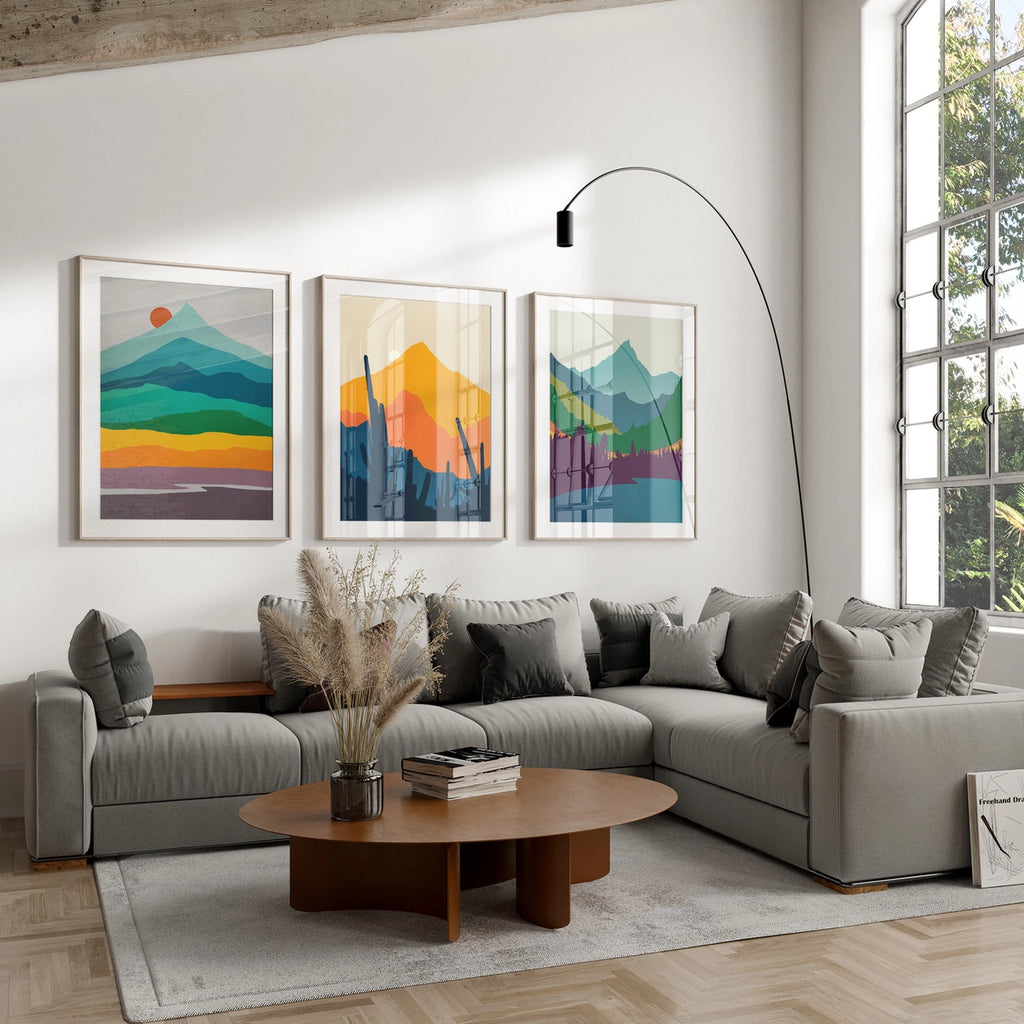 3-piece set of our popular mid-century modern landscape art prints in warm colors.