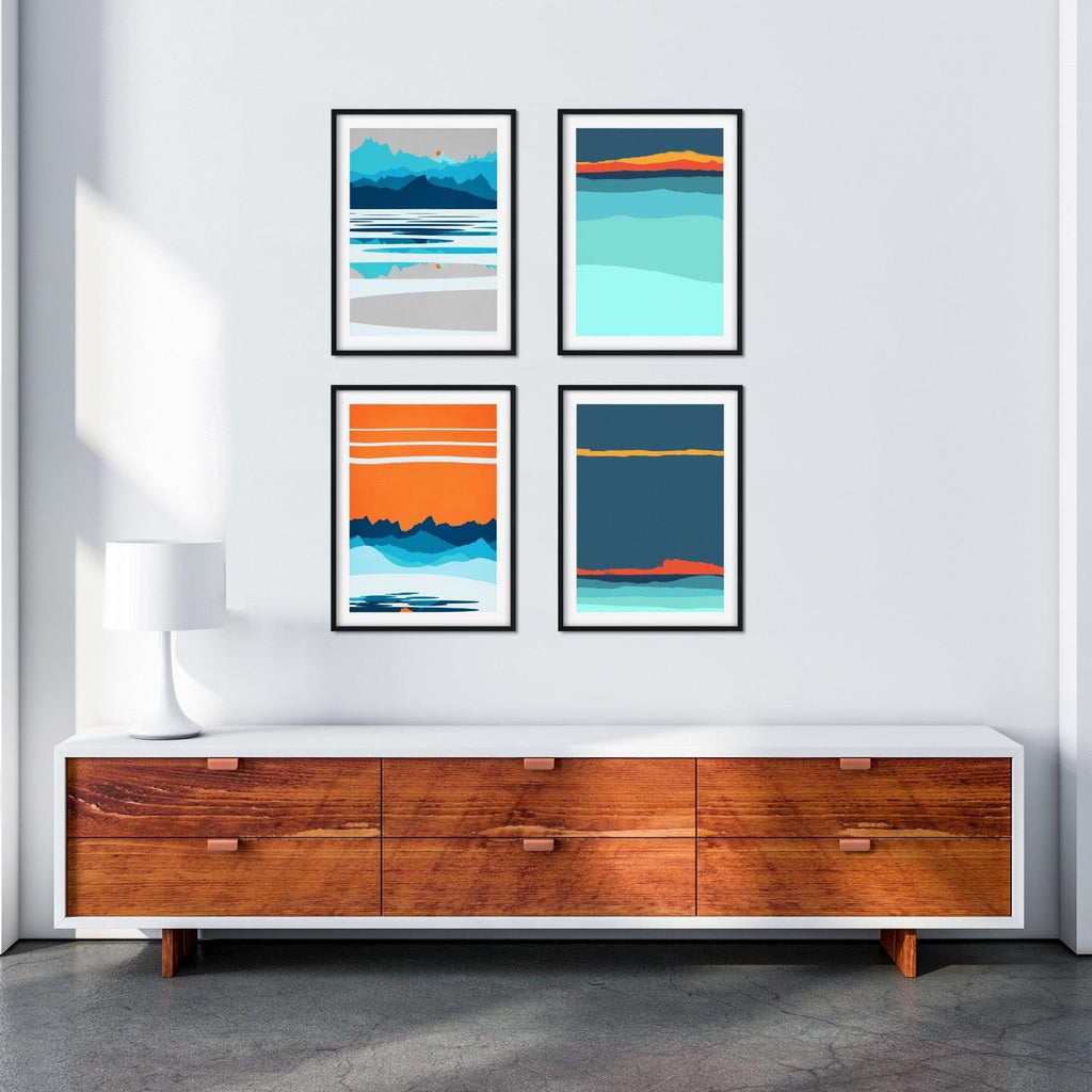 A set of 4 abstract nordic prints in vibrant blues and oranges. 