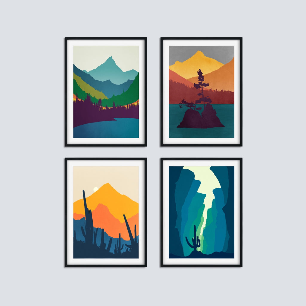 4 Piece Landscape Wall Art Set in Mid Century Colors.