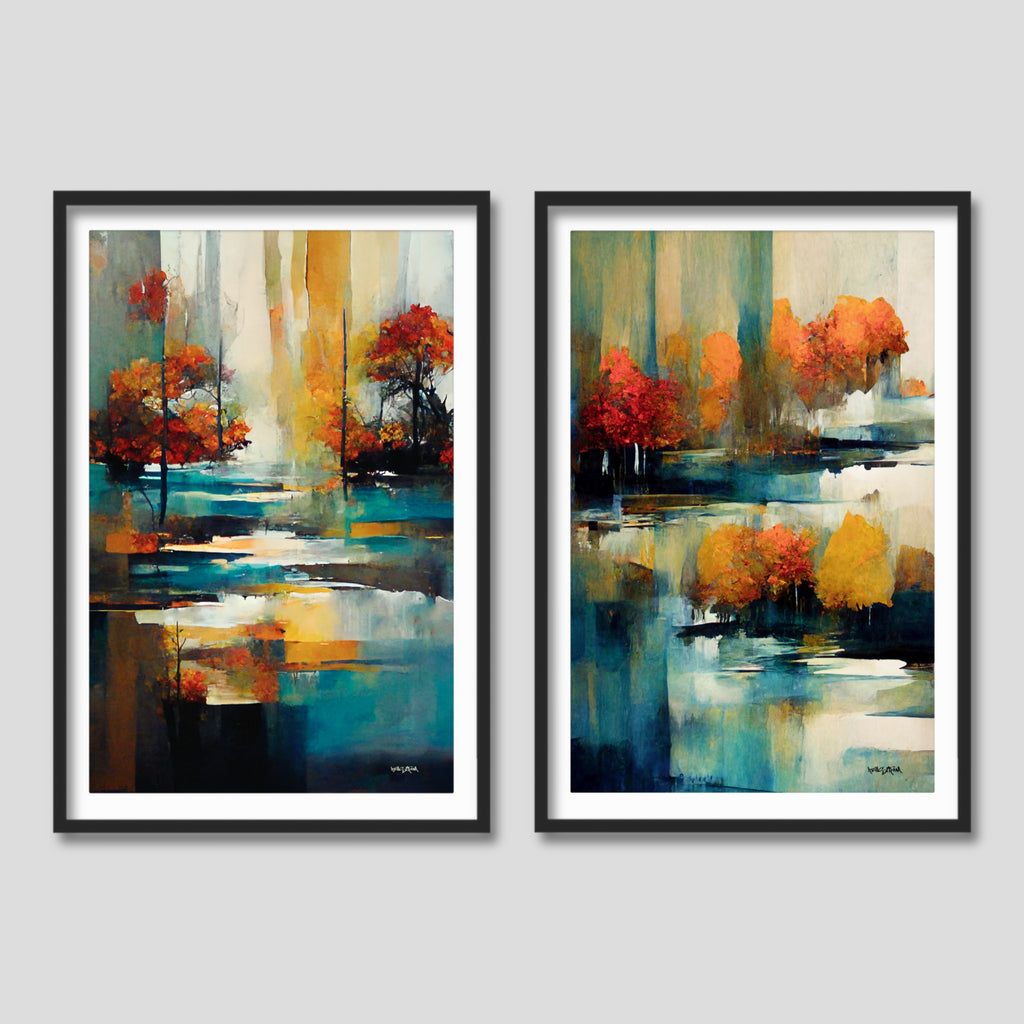 Autumn Trees Abstract Wall Art Set in Warm Fall Colors.