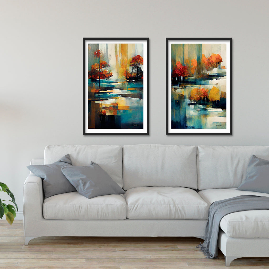 Colorful autumn trees reflected in calm waters wall art set. 