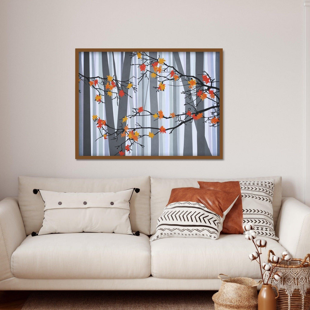 Autumn leaves cling to their trees in this peaceful autumn scenery wall art.