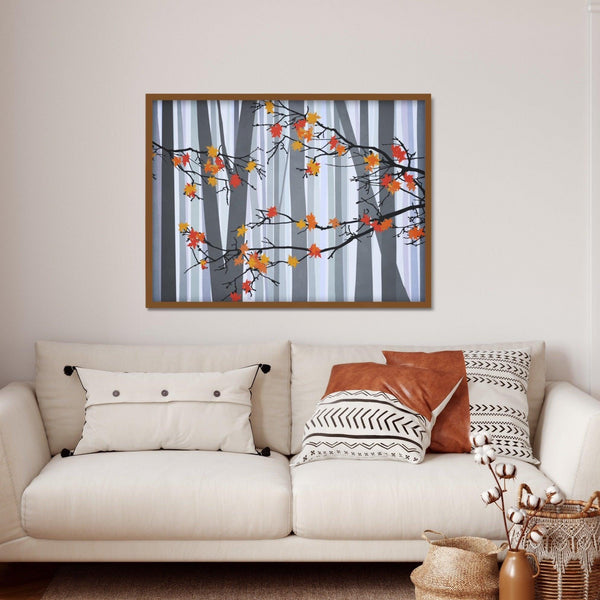 Autumn leaves cling to their trees in this peaceful autumn scenery wall art.
