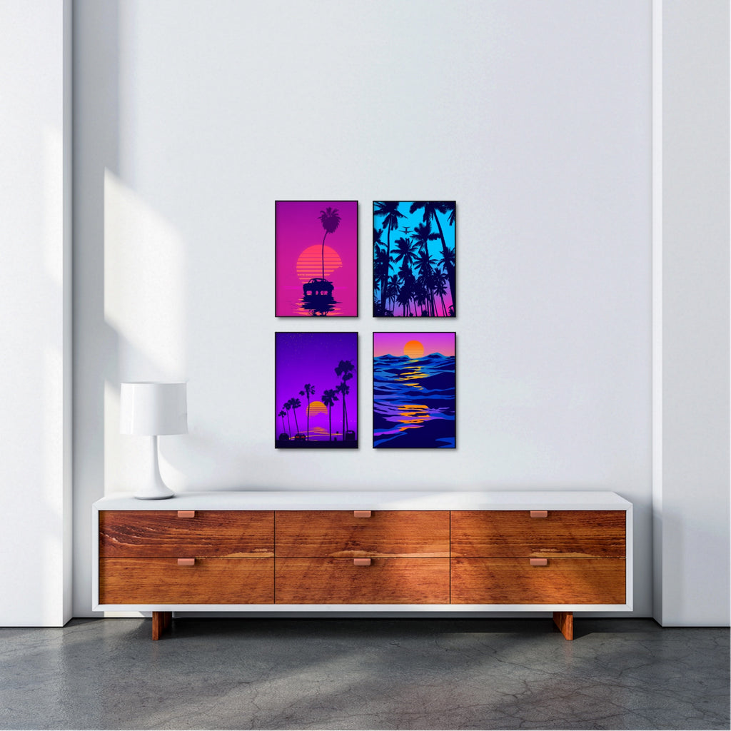 A set of four synthwave / vaporwave themed California wall art prints.