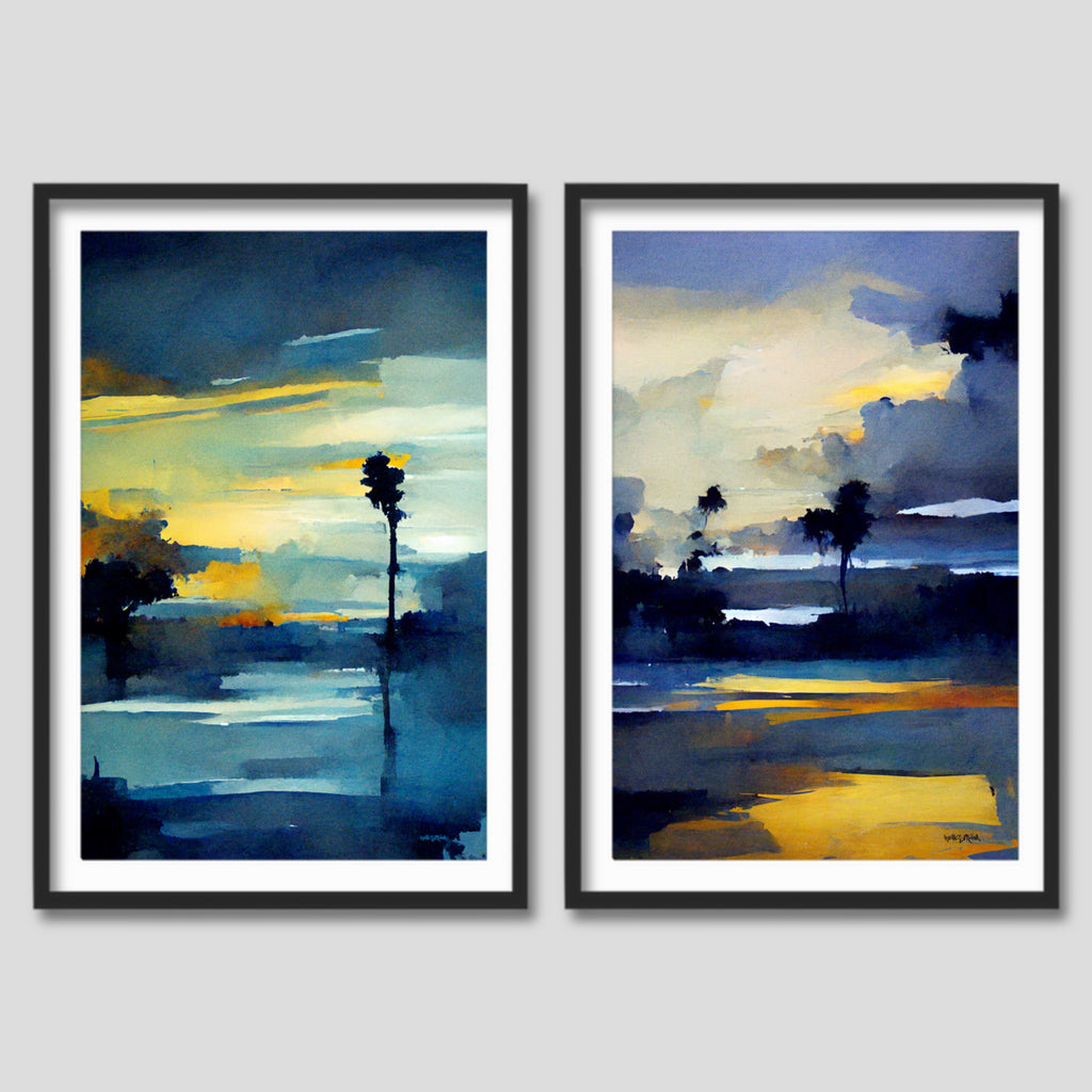 Coastal Sunset Wall Art On Canvas in Shades of Blue and Gold