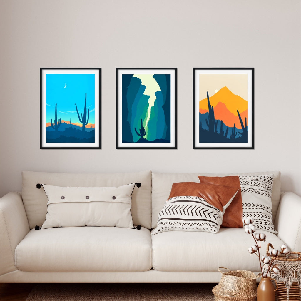 A set of three mid century modern inspired desert landscape artworks.