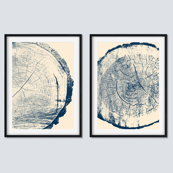 Minimalist Tree Ring Wall Art Set in Cream and Blue.