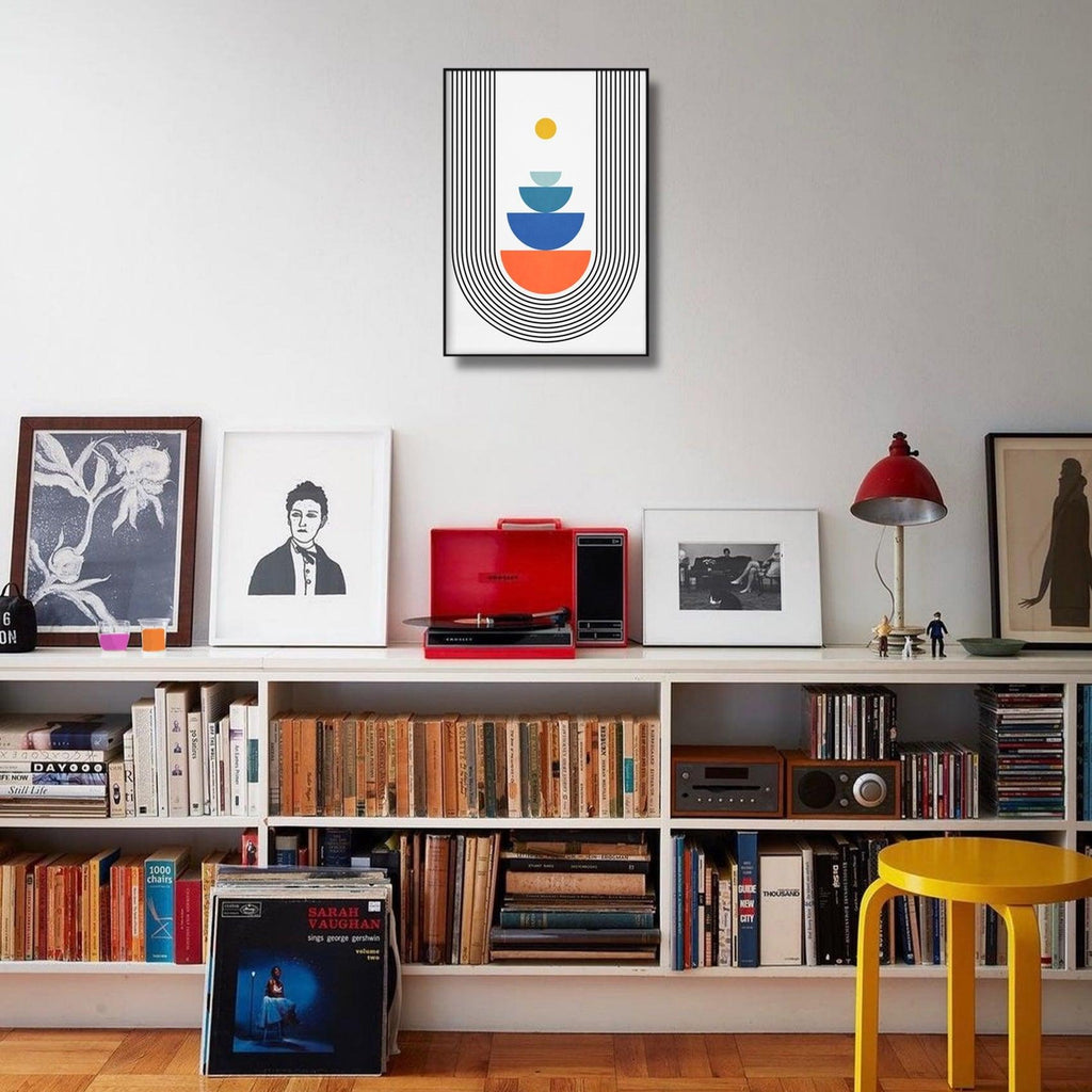 A geometric mid century modern wall art  in bright colors.