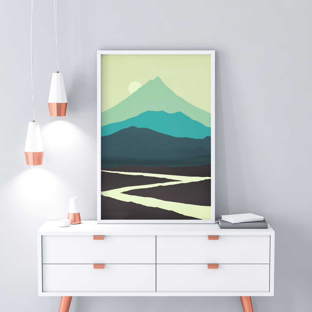 A minimalist mountain landscape wall print  in green