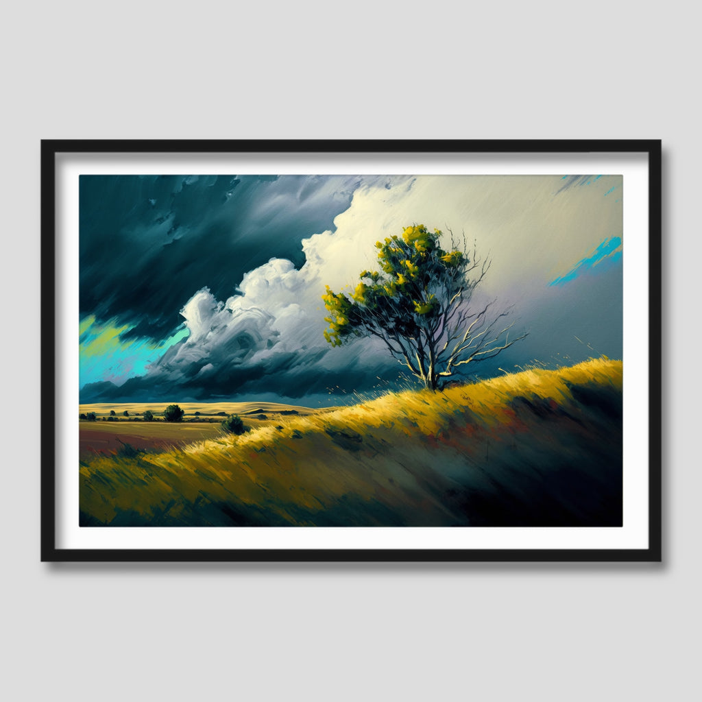 Framed Prairie Landscape Artwork In Blue and Green