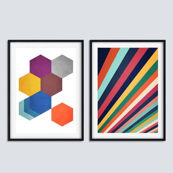 2 Piece Mid Century Abstract Set featuring a hexagon print and a colorful stripes print.