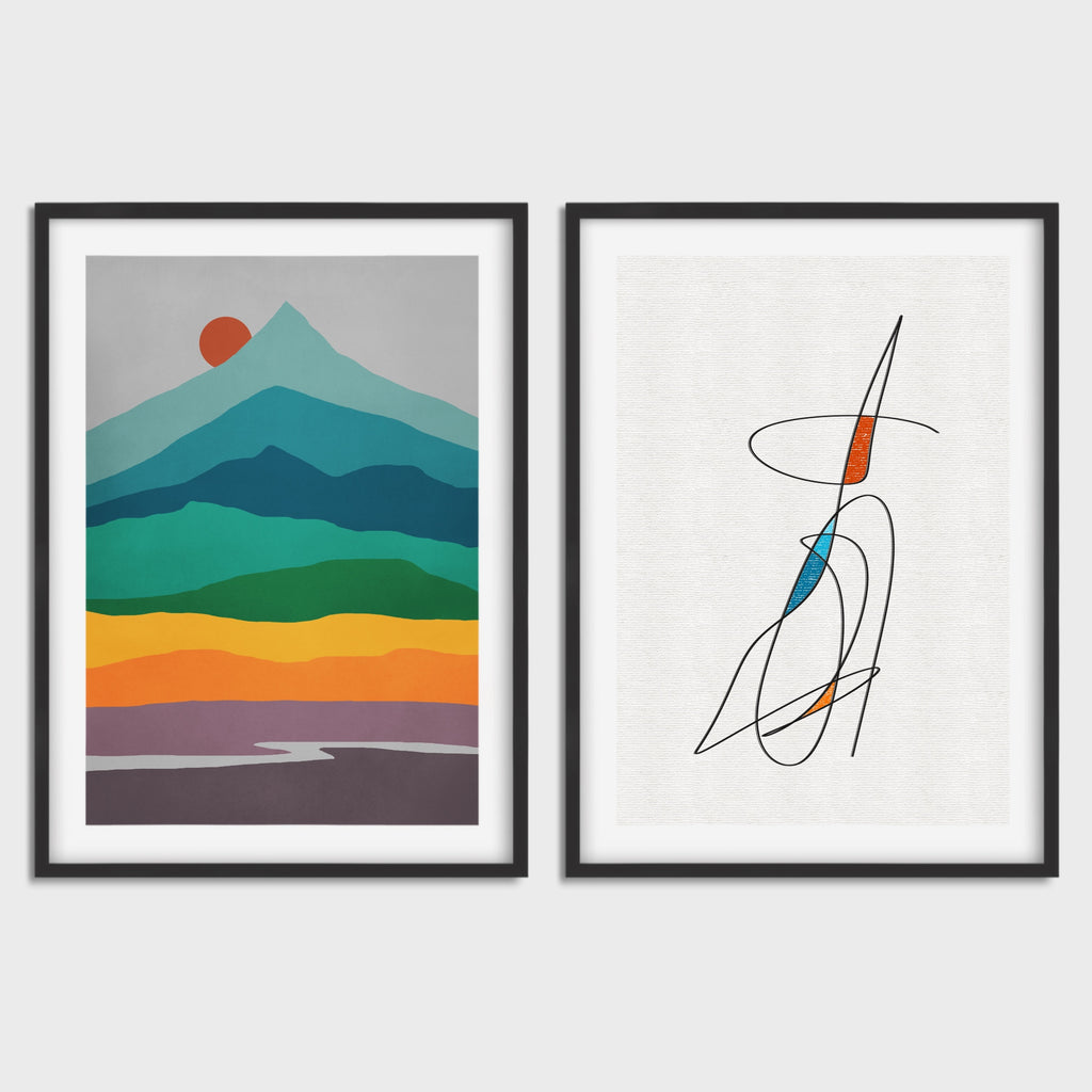 Mid Century Modern Office Art Set Featuring a Landscape Print and a Line Art Print.