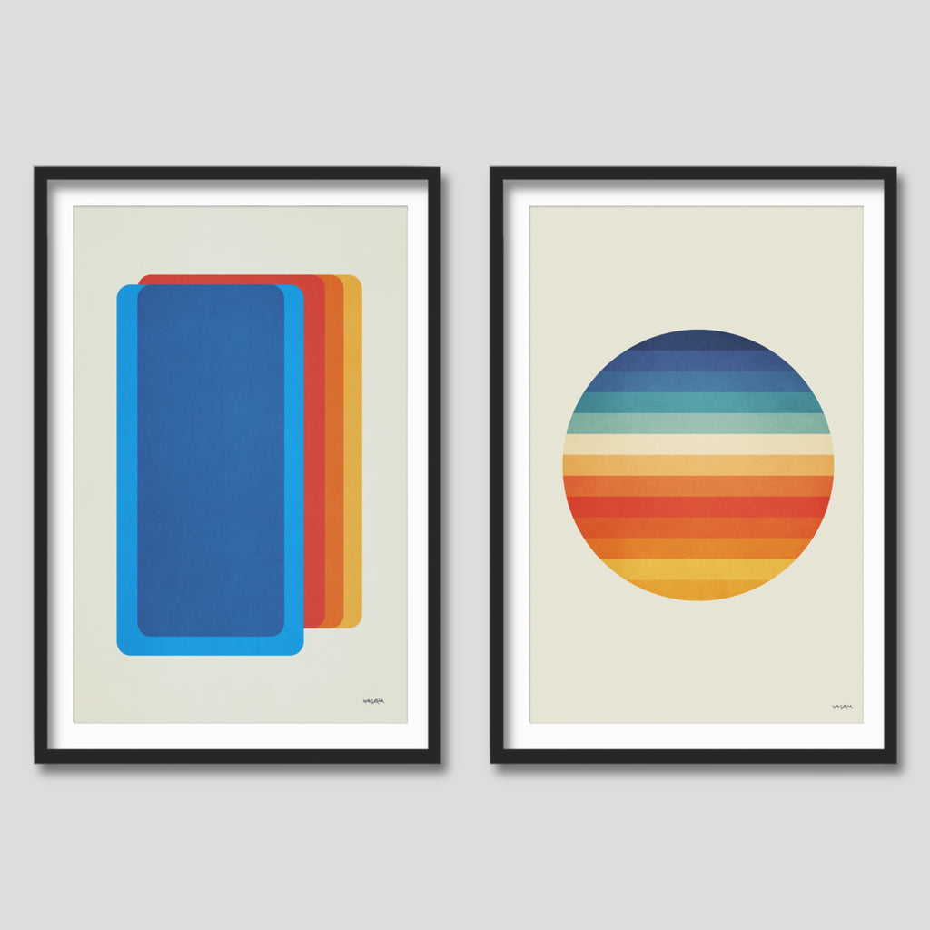2 Piece Retro Abstract Art Print Set in Blue, Red and Orange.