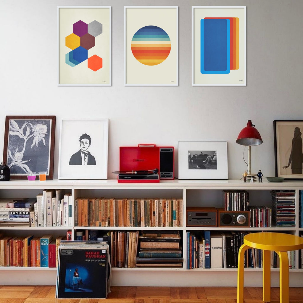 A set of three colorful mid century modern abstract wall art prints.