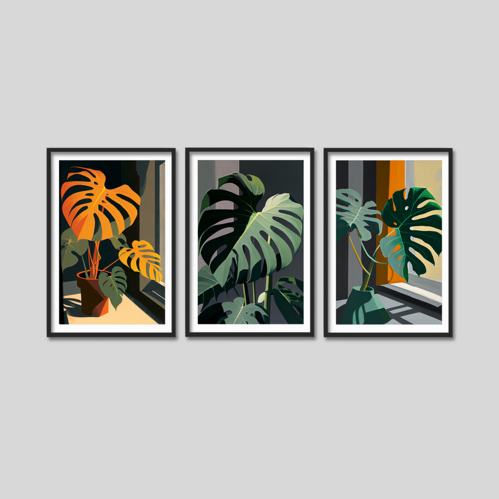 Monstera Leaves Botanical Wall Art Set in Green and Orange.