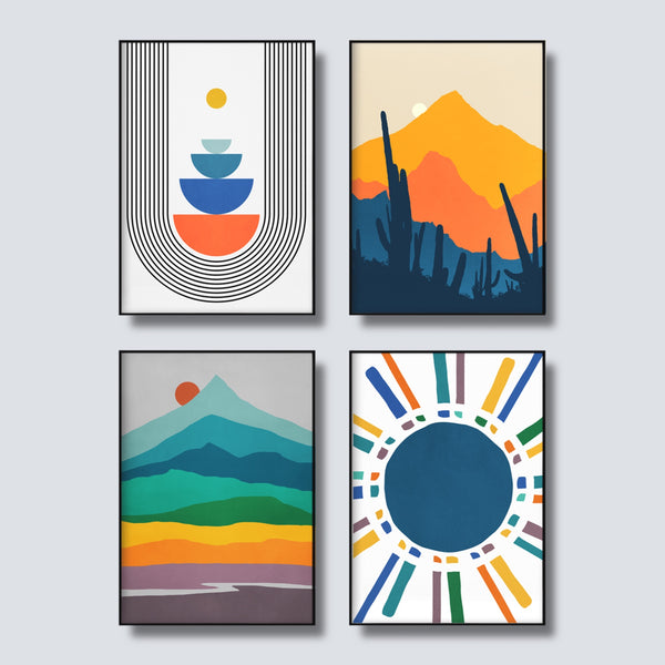 Set of 4 Mid Century Modern Art Prints in vibrant colors.