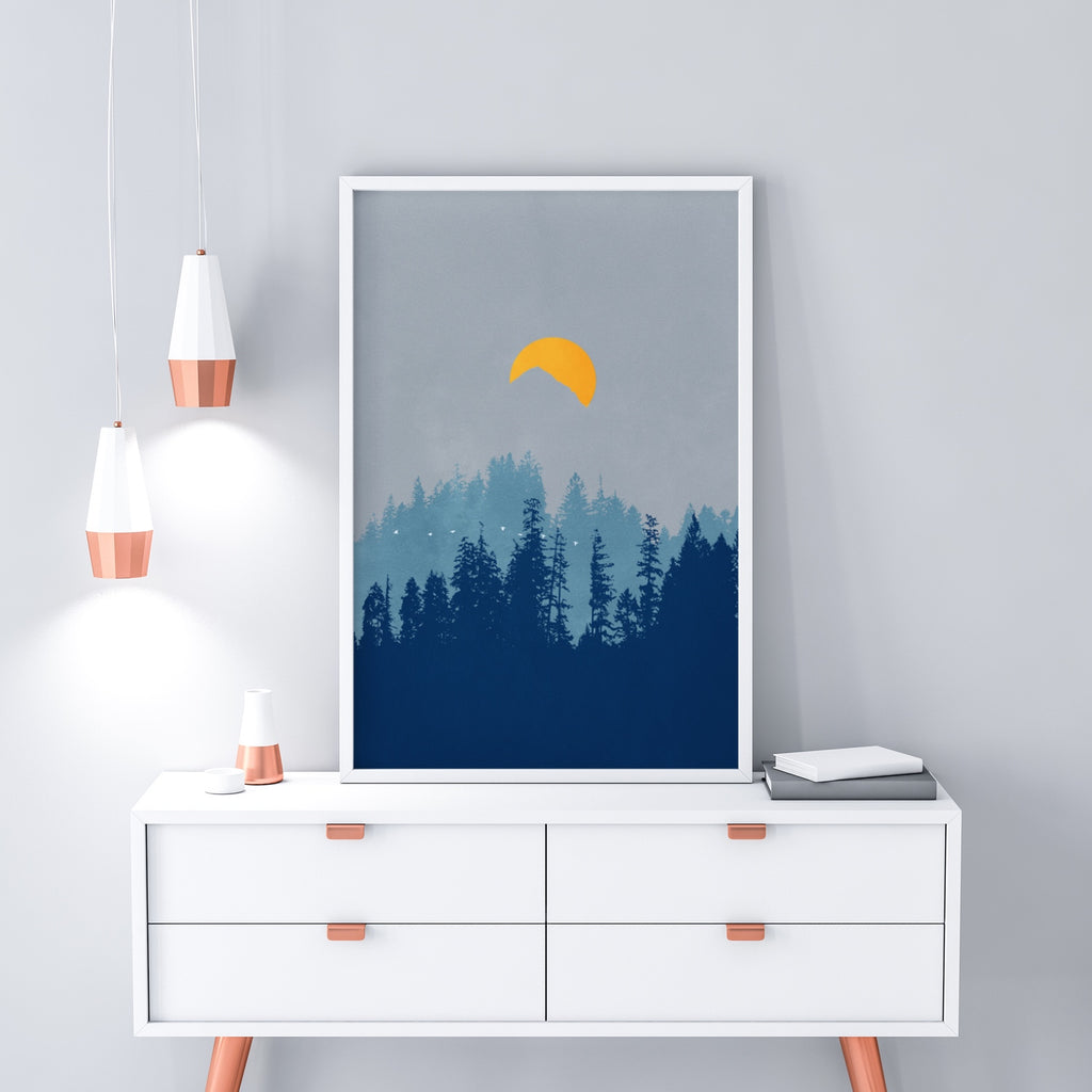 A moon rises above a Pacific Northwest forest in this minimal artwork.