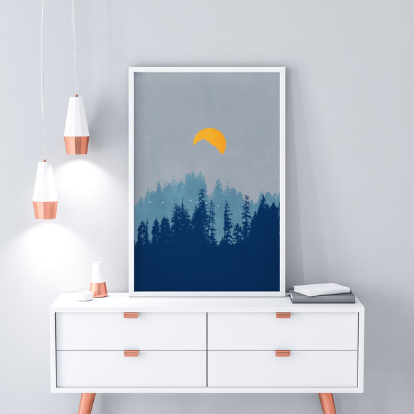 A moon rises above a Pacific Northwest forest in this minimal artwork.