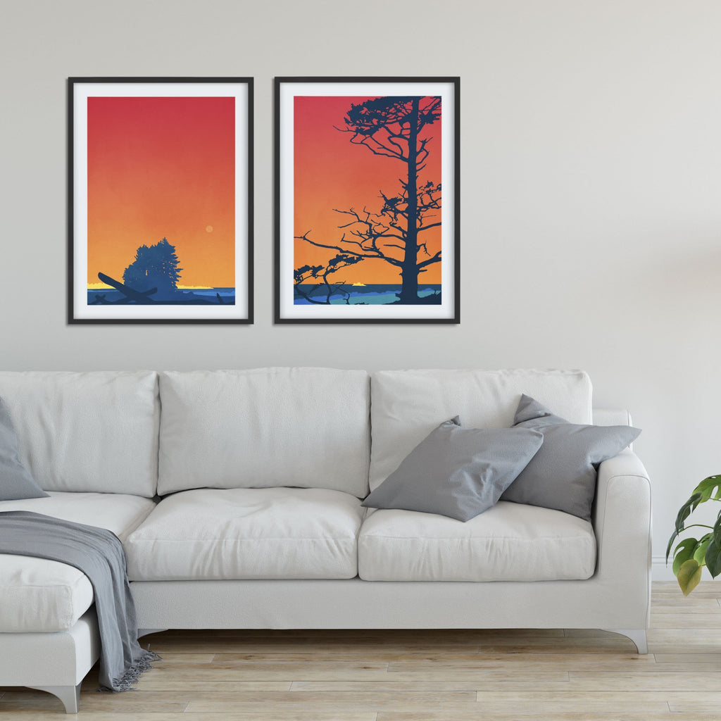 A set of two of art prints featuring an Oregon beach scene and a beautiful west coast sunset.