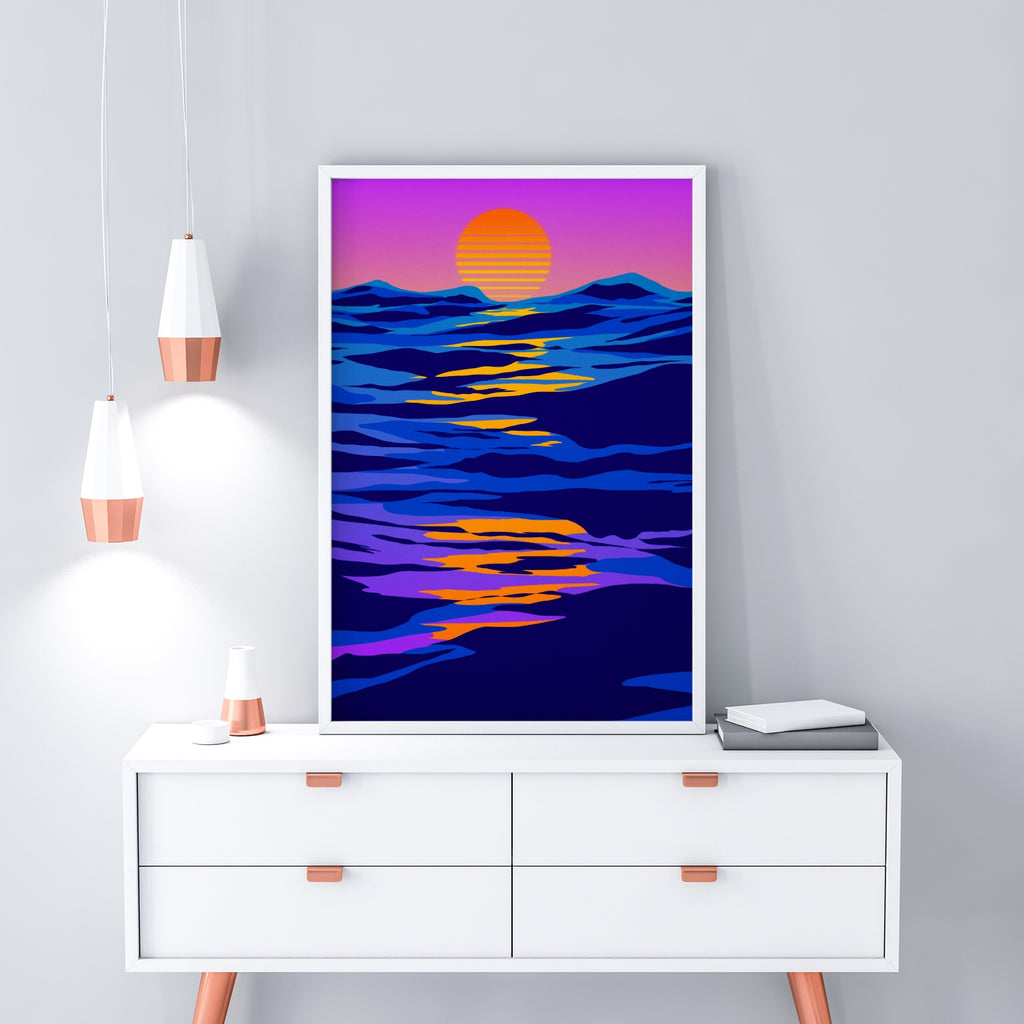 A vibrant retrowave canvas art print featuring a setting 80's sun and ocean waves.