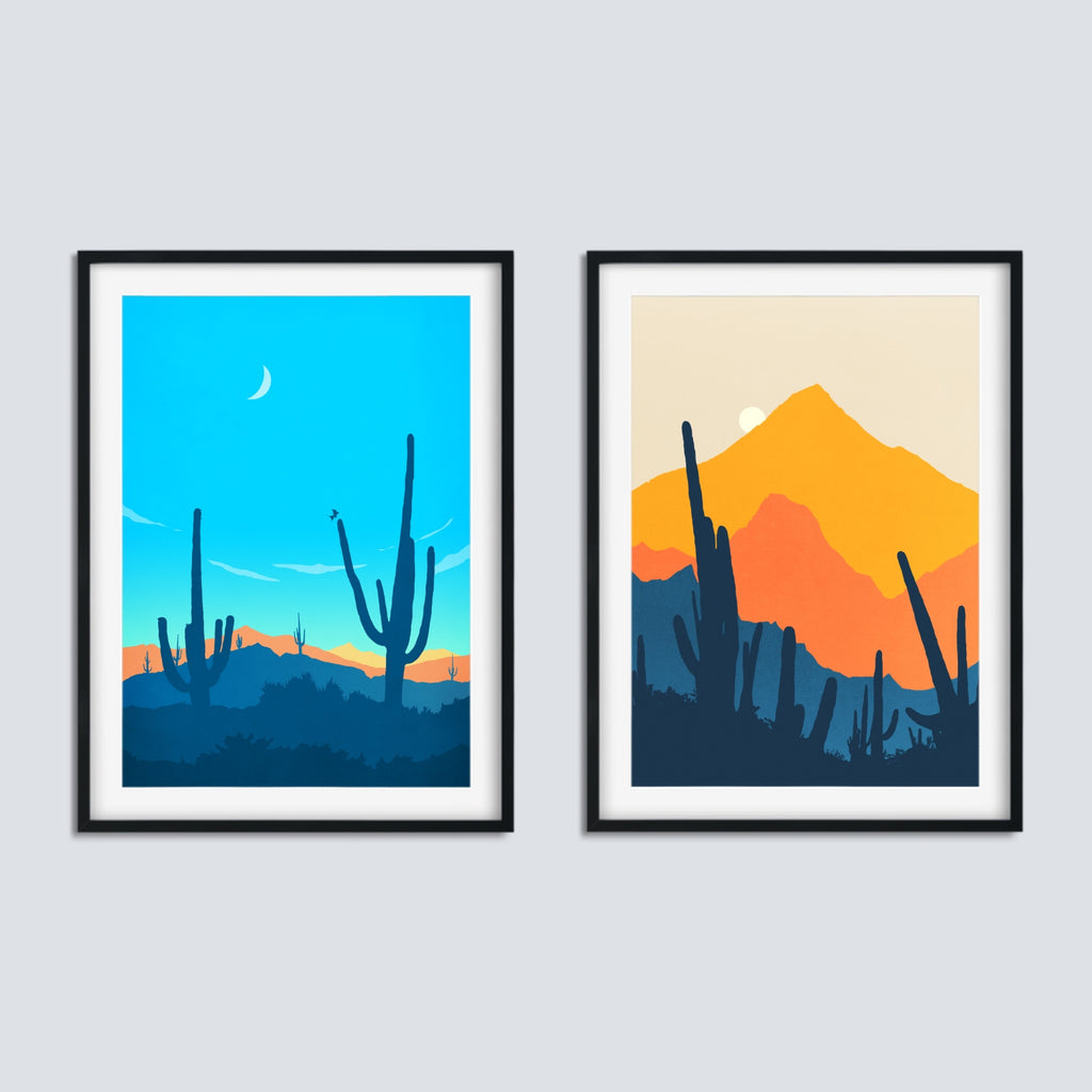Desert Landscape Wall Art Set in Blue and Orange.