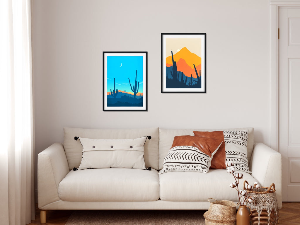 A captivating set of two vibrant Saguaro Cactus art prints in blue and orange.